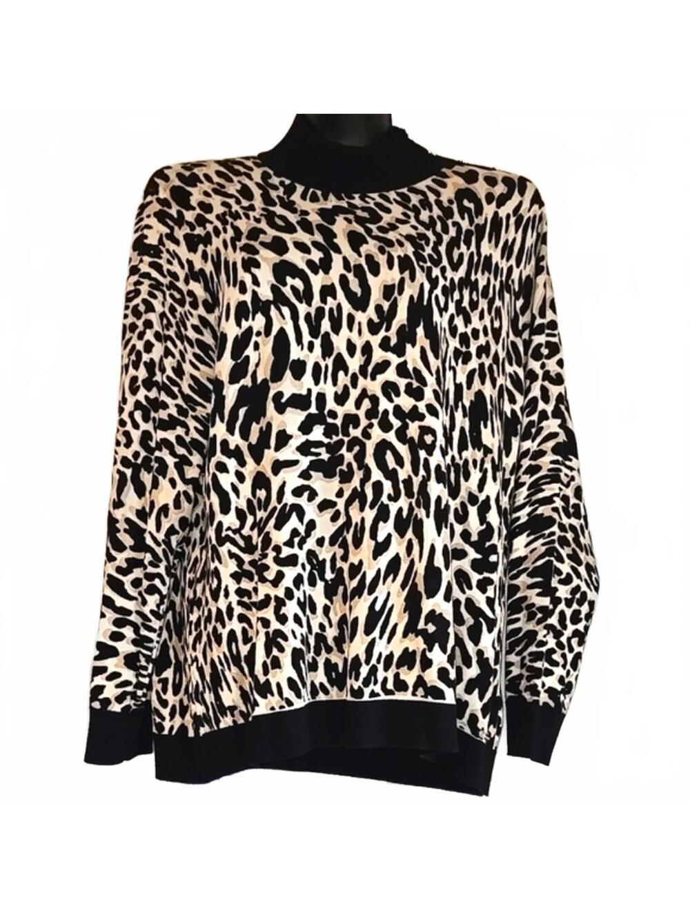 Calvin Klein Tan Black Leopard Print Sweater Decorative Gold Buttons Size XL